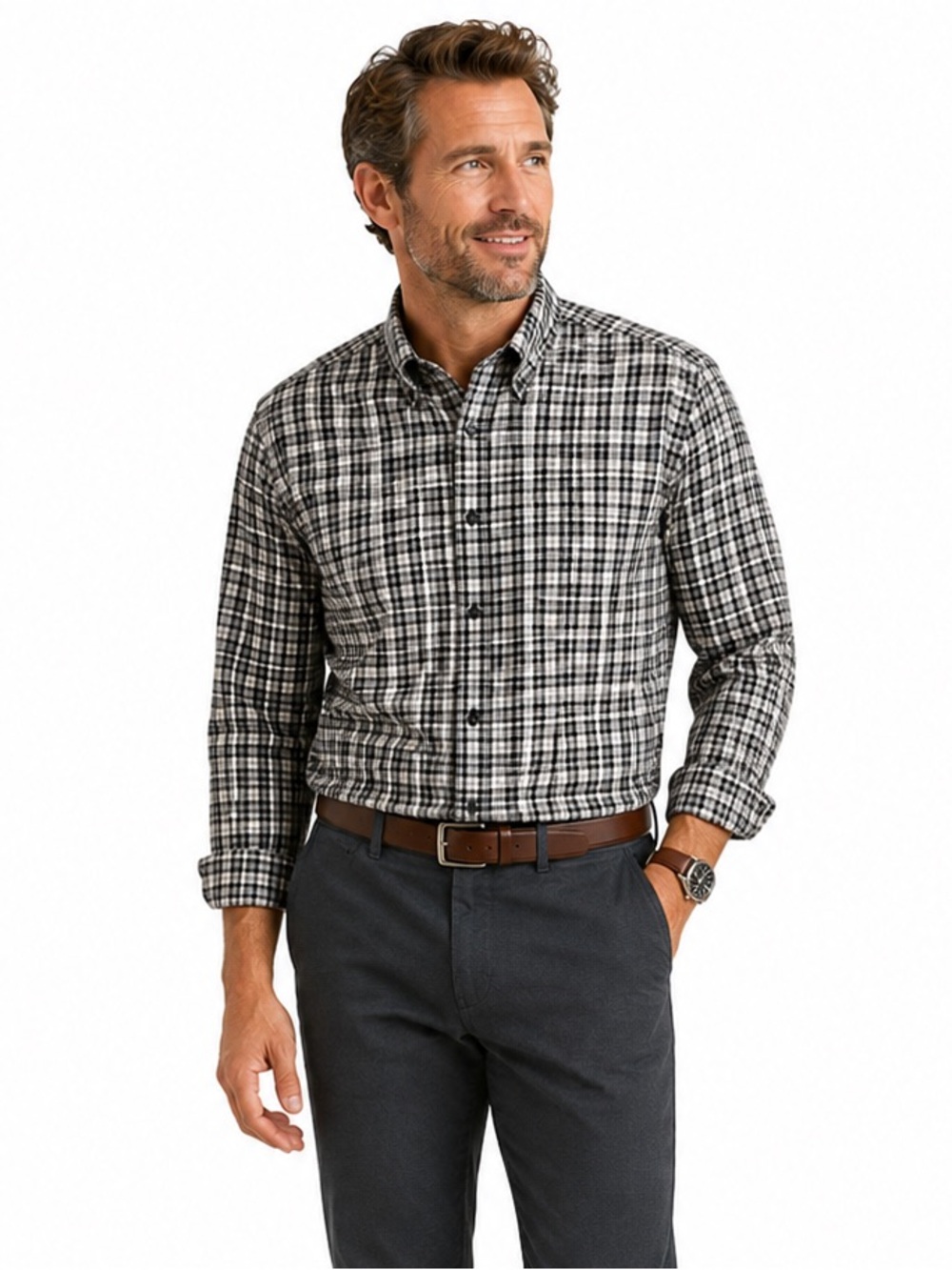 L.L Bean Black White Plaid Long Sleeved Casual Wrinkle Resistant Dress Shirt Lg